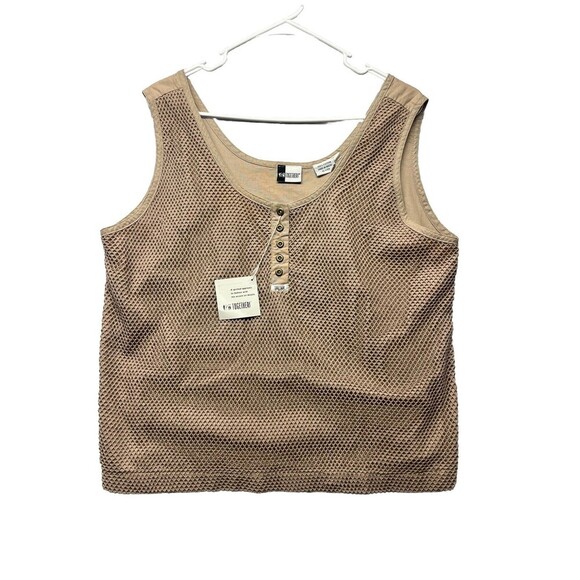Vintage Together Womens Tank Top 14 Beige Solid Cropped Button Lined Mesh Retro - Picture 1 of 3